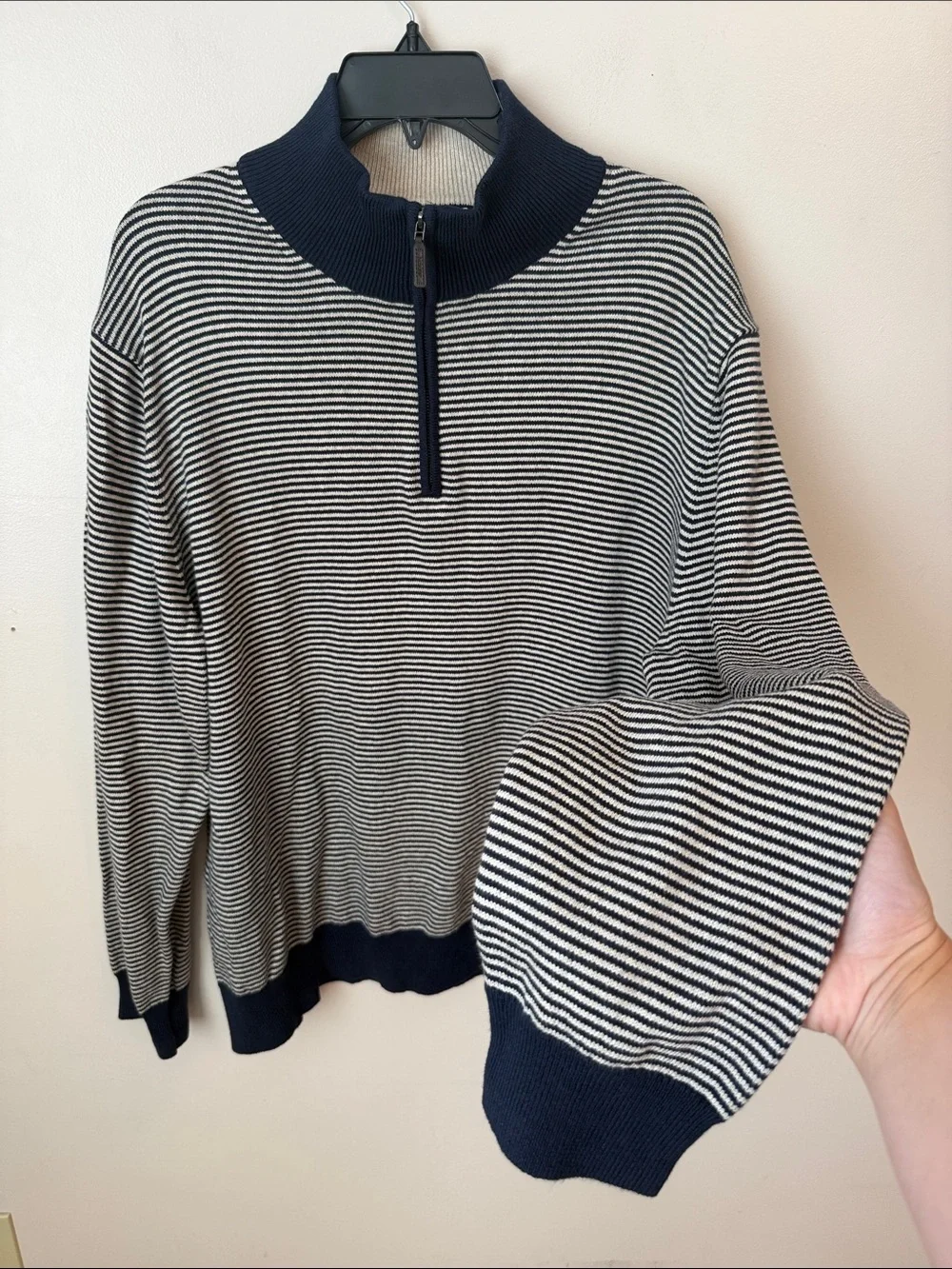 NWT J.Crew Men’s Cotton striped half-zip sweater XXL Heather Stone Navy